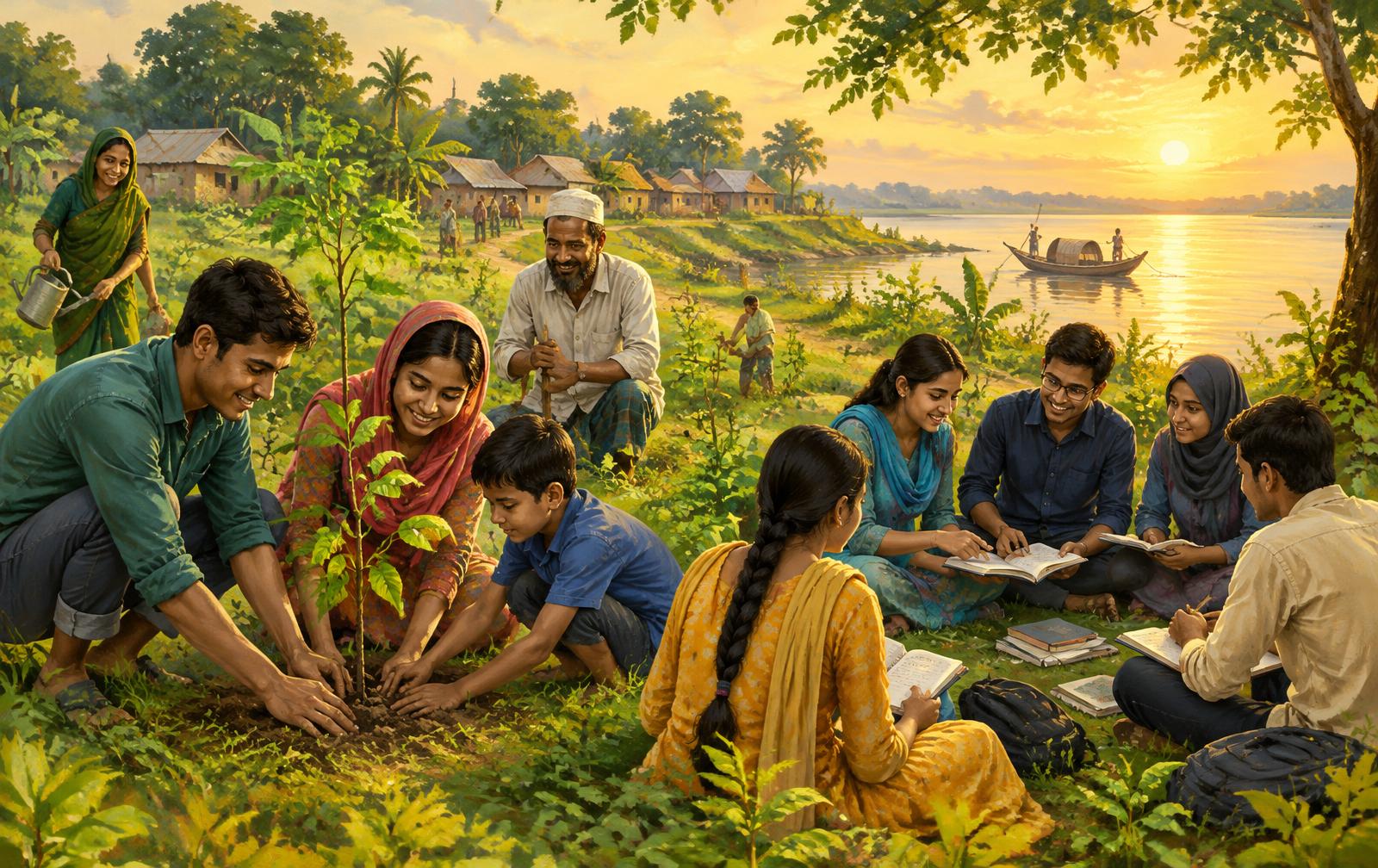 Illustration of community members planting trees and studying together